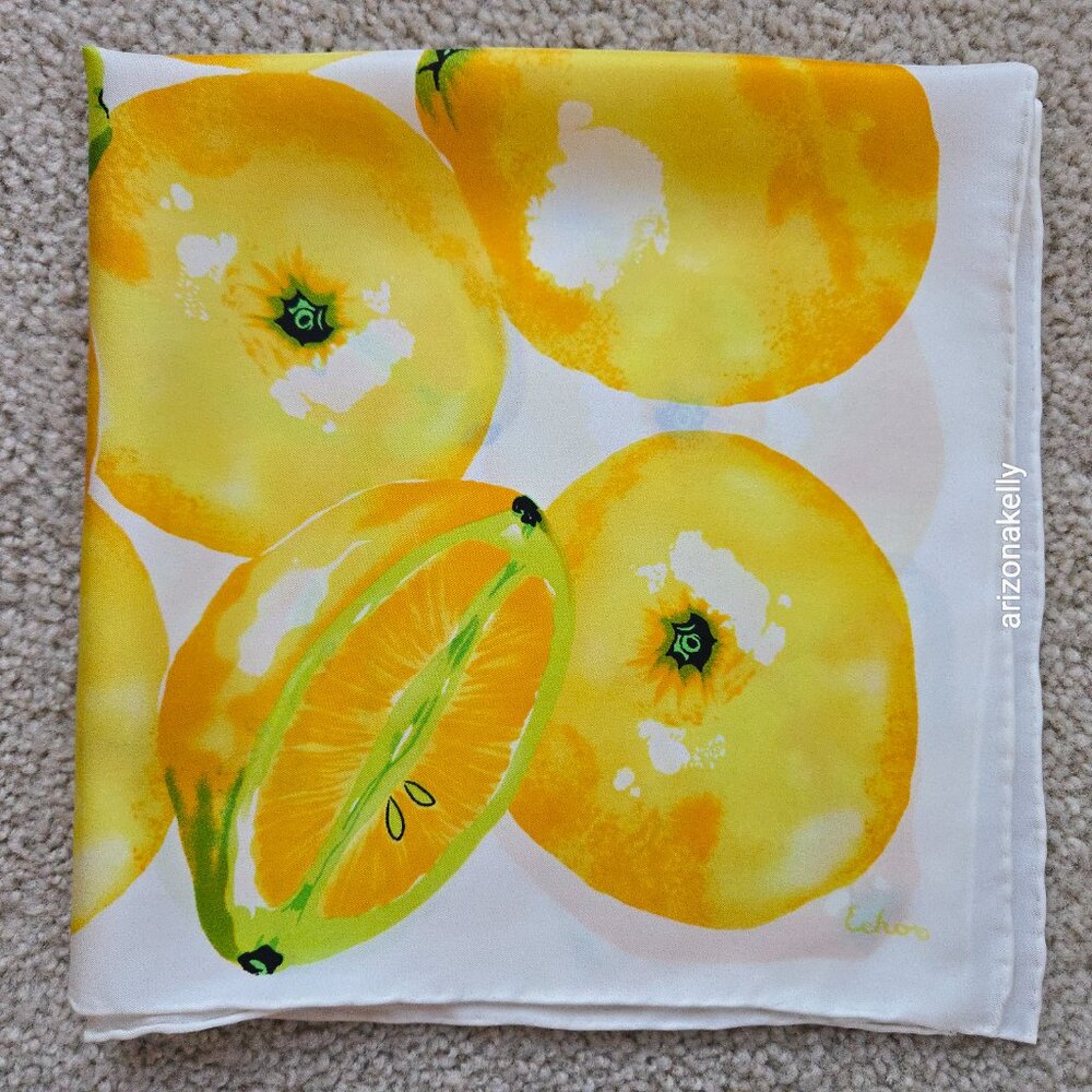 Echo Silk Scarf Neckerchief Hand-rolled Lemons Oranges Citrus - Picture 8 of 8
